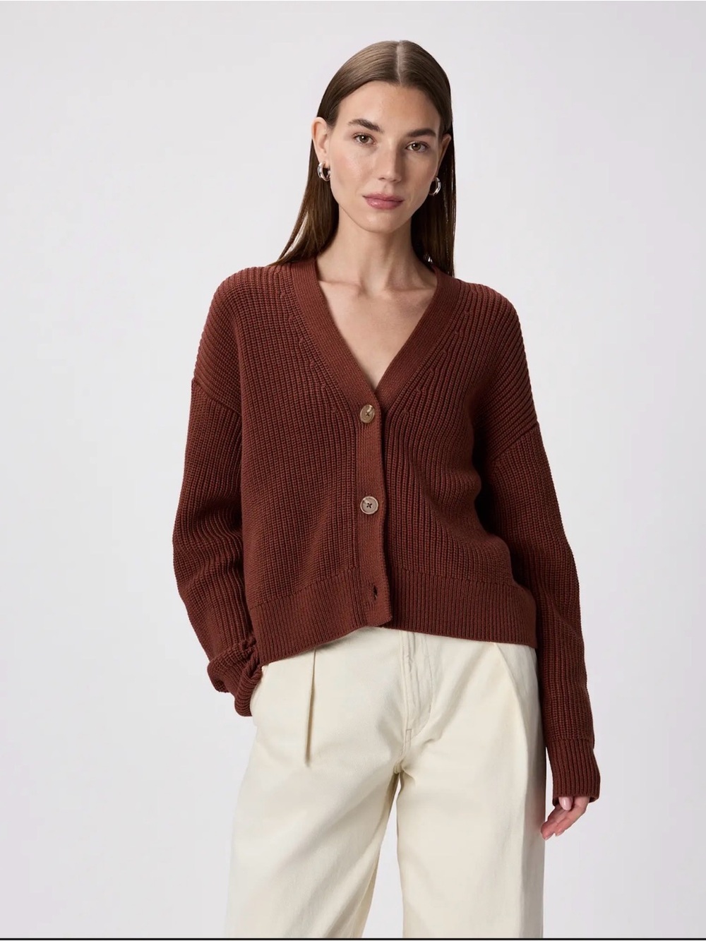 Quince V-Neck Chunky Knit Cardigan Sweater in Chocolate Brown